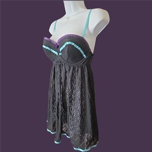 Elegant Black Lace Babydoll with Purple and Teal Accents